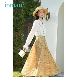 INMAN Spring Women's Skirt A-line Casual Pastoral Floral Print Pleated Long Skirts Women Elegant Versatile Skirt Korean Fashion