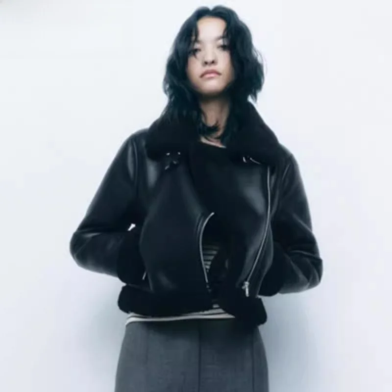 Double-Sided Faux Leather Fur Inteated Autumn Winter New Sle Women's Jaet Coat Faion Versatile Loose Fit Long Sve ...