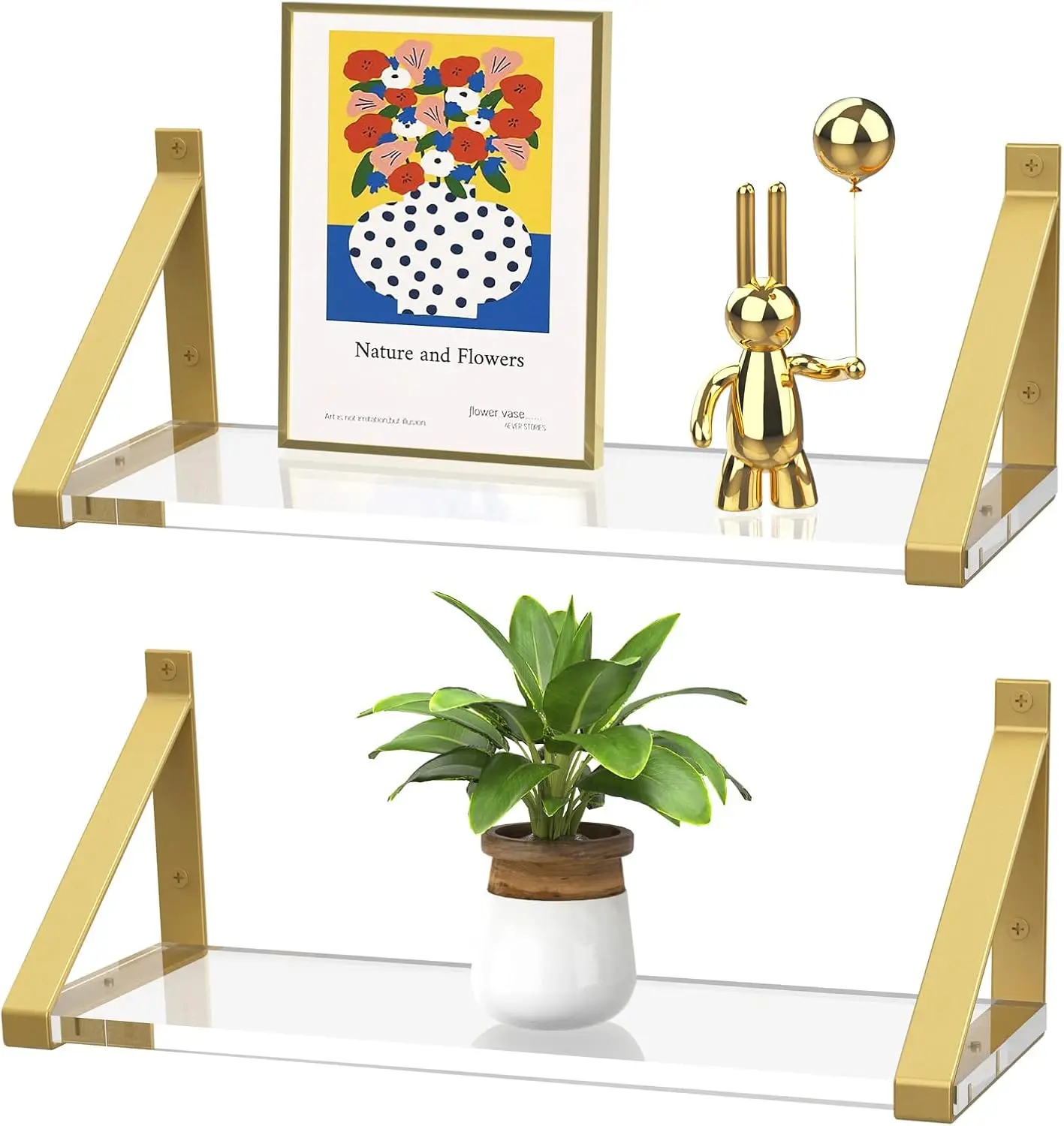 

Набор из 2 золотых плавающих полок, прозрачный акрил диаметром 8 мм, невидимое настенное крепление для спальни, гостиной, ванной комнаты, кухни, офисного декора