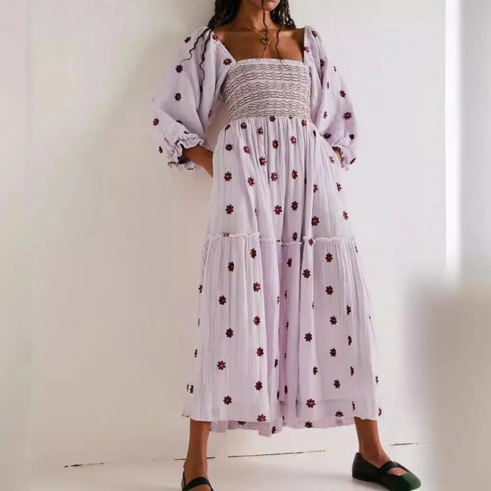 

Ruffle Swing A Line Maxi Dress for Women Bohemian Floral Maxi Dress Lady Square Neck Long Sleeve Beach Holiday Party Wear