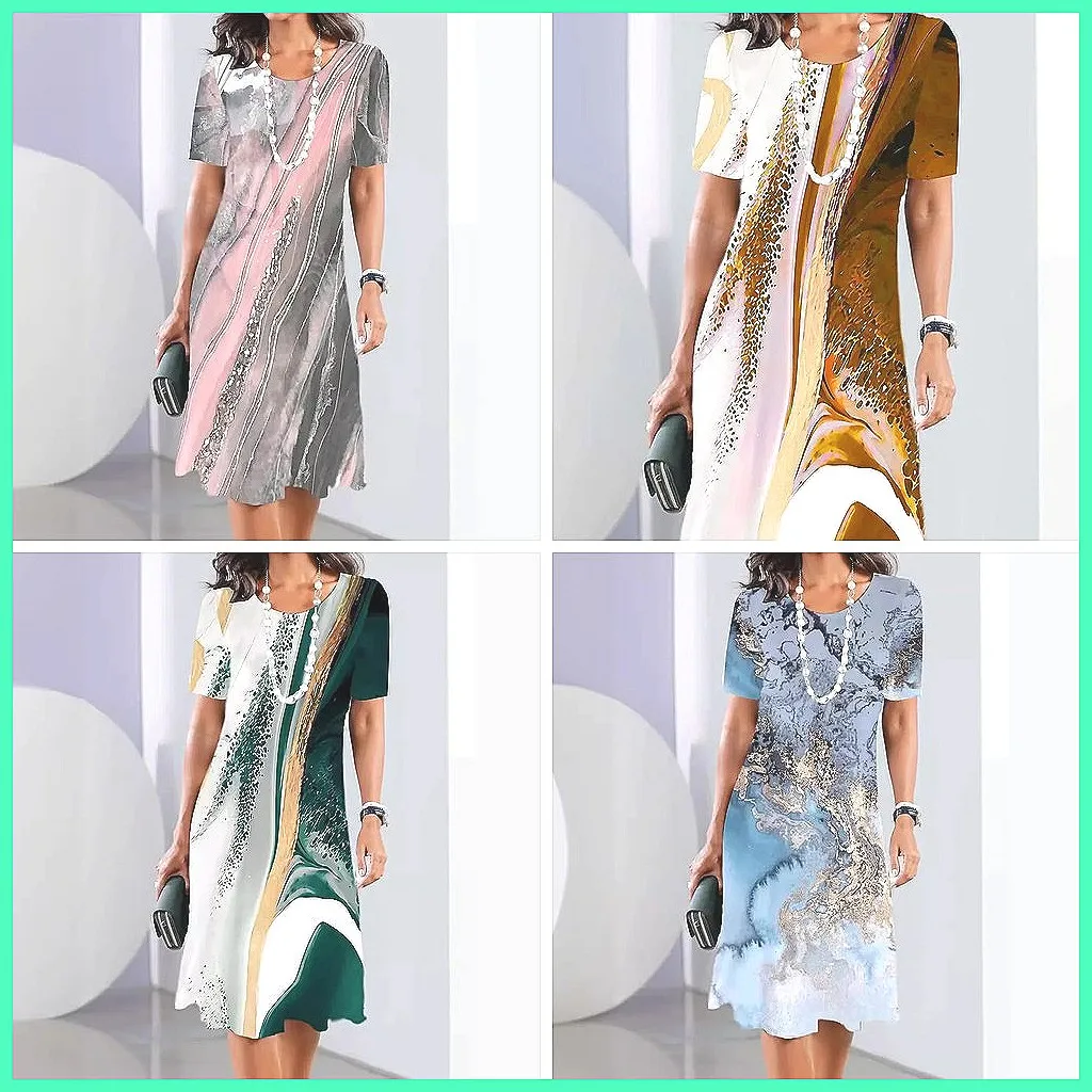 Summer Floral Print Midi Dress for Women, Short Sleeve Round Neck Loose Casual Dress