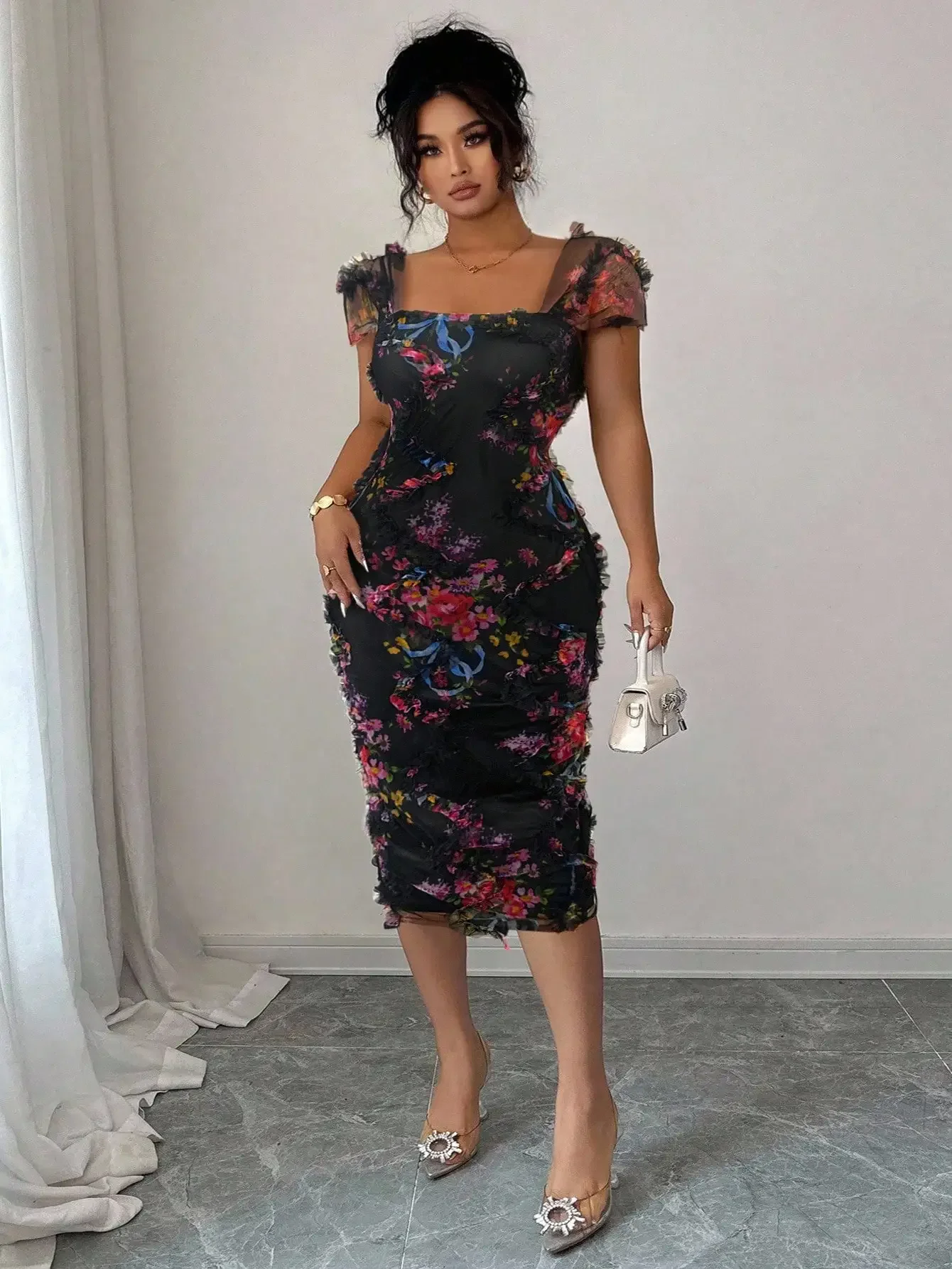 

Elegant Plus Size Midi Dress With Floral Print, Ruched Detail, Sheer Puff Sleeves For Spring Summer Events