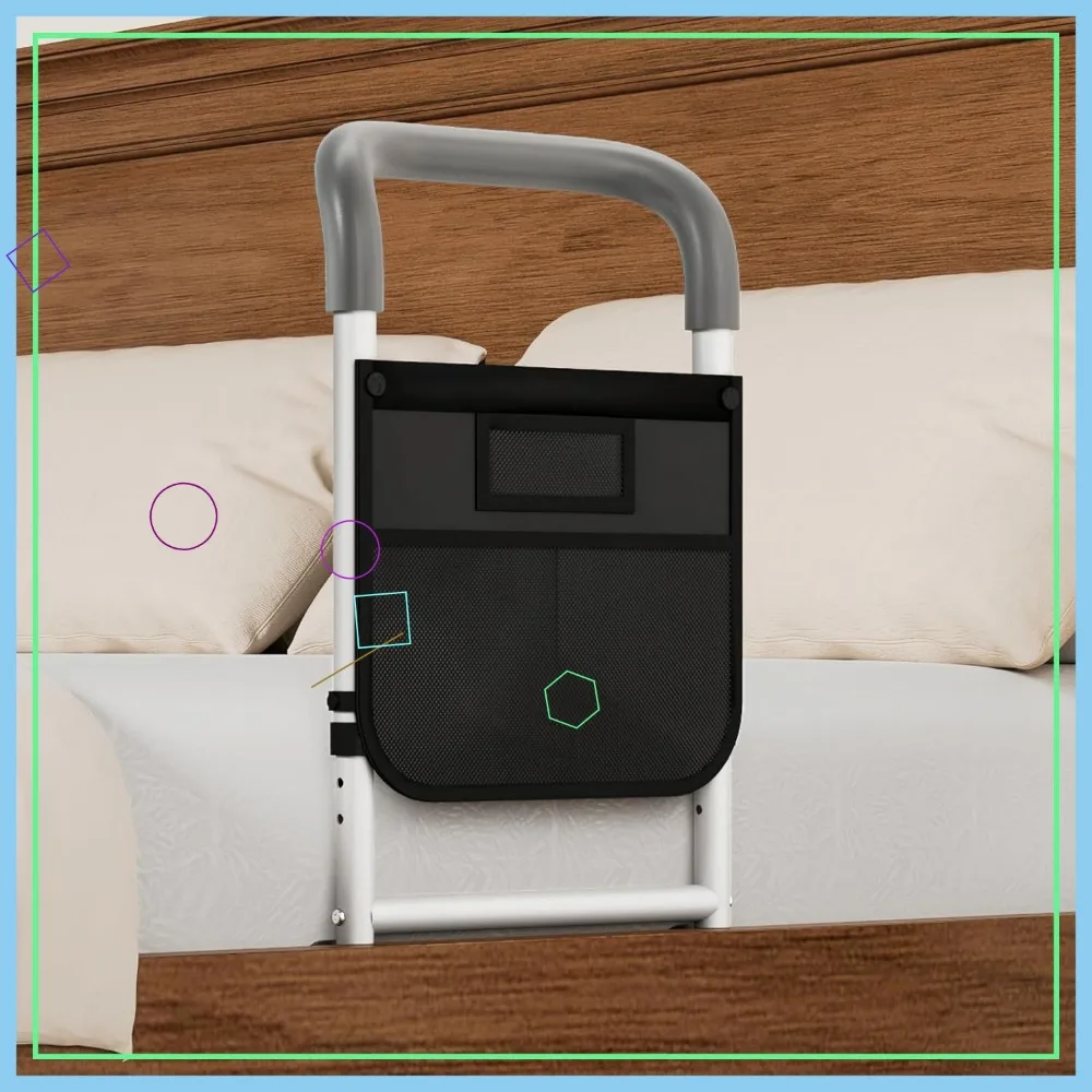 Adjustable Bed Safety Rail for Seniors, 350lbs Heavy Duty Assist Handle with Storage Pocket & Fixing Strap, Fits Standard Beds