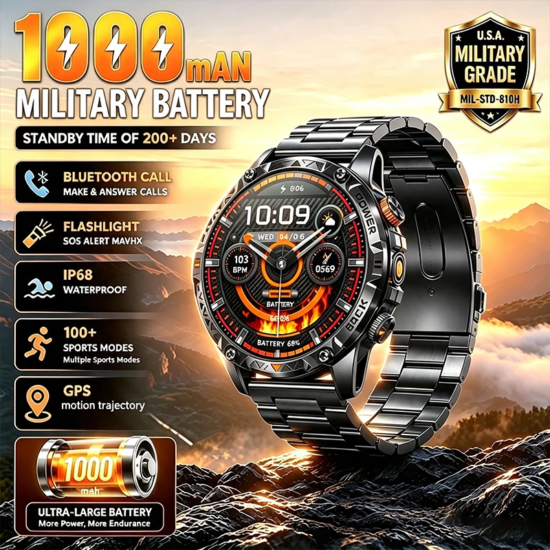 2026 Rugged Outdoor Men Smart Watch 1000mAh Long Standby IP68  BT Call Compass LED Flashlight Health Fitness Tracker Smartwatch