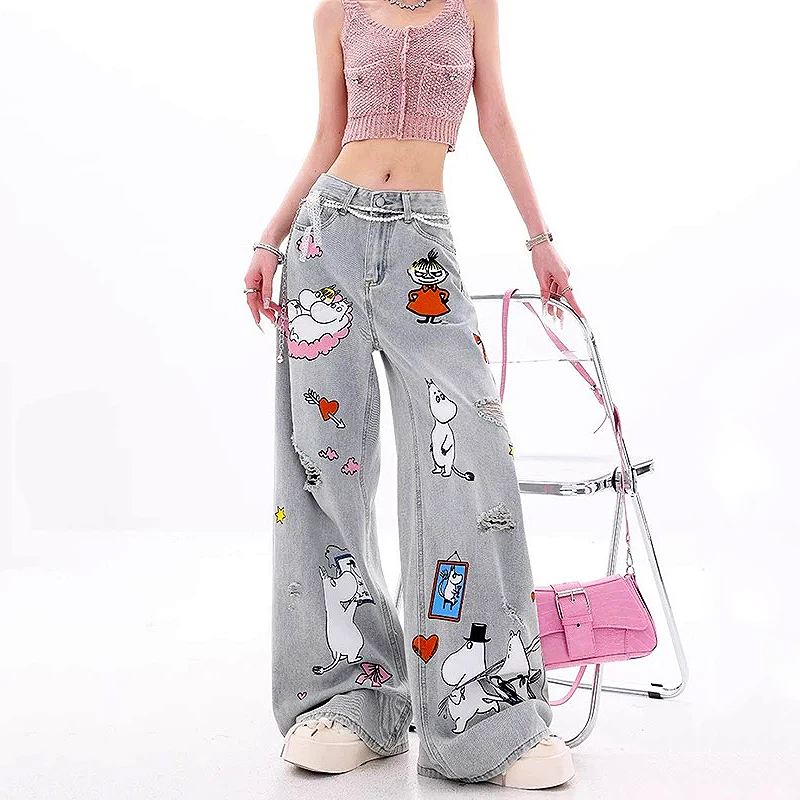 

American Retro Hole Jeans Women High Waist Straight-crotch Loose Slim Design Cartoon Print High-street Wide-legged Pants SL164