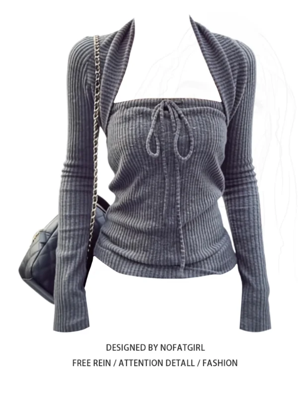 

Женский вязаный комплект больших размеров с длинным рукавом, поясом, квадратным воротником, стройнящим дизайном, модный, из двух предметов, для повседневной носки