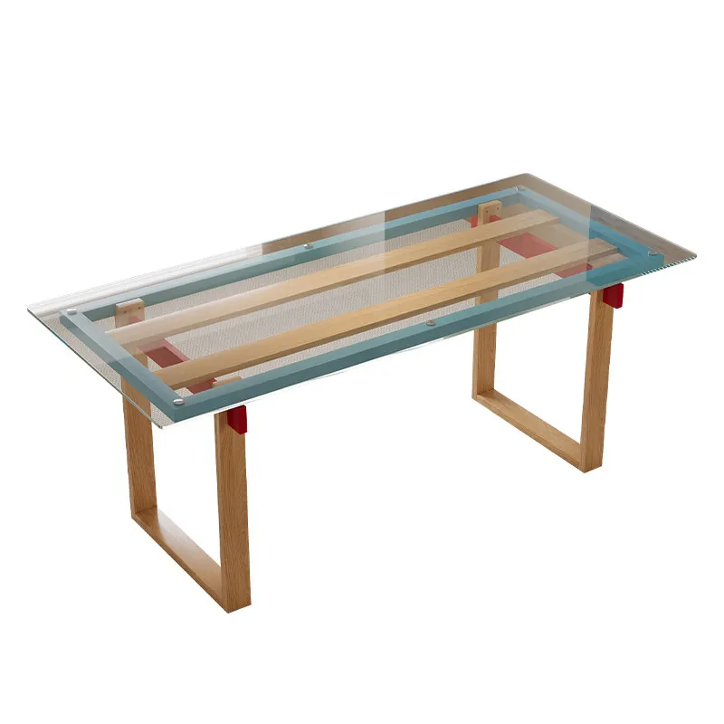 

Bauhaus solid wood tempered glass dining table household Memphis color matching dining table small apartment rectangular