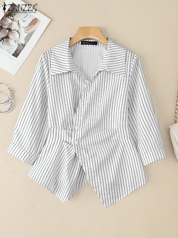 Women Tops ZANZEA Fashion Elegant Office Lady Shirts Striped Blouse 2025 Autumn 3/4 Sleeve Loose Tunic Casual Asymmetrical Blusa