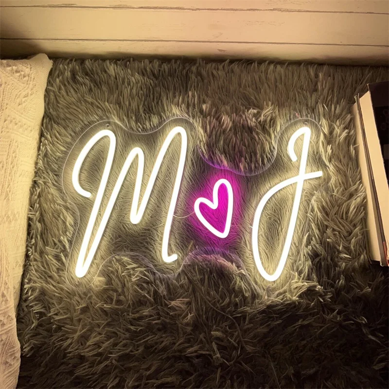 Custom Initials Heart LED Neon Sign, Last Name Couple Name Neon Light Home For Minimalist Wedding Party Backdrop Wall Decor Gift