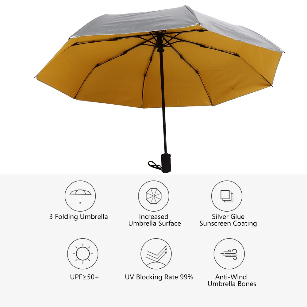 Anti-UV Umbrella Portable 3 Folding Automatic Parasols Anti-UV Sun Rain Umbrella Yellow For Outdoor Travel Sun Umbrella Umbrella