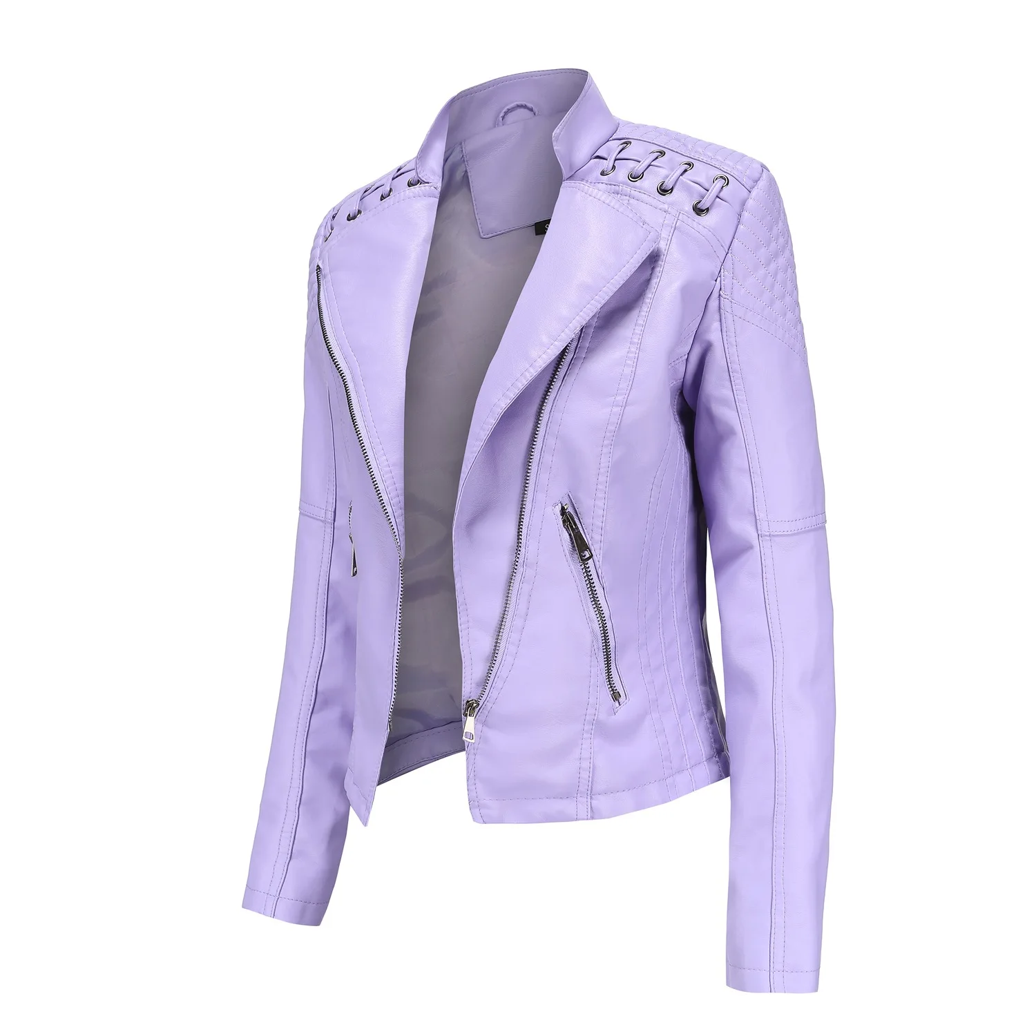

New Autumn Fashion Casual Long Sleeve Stand-up Collar Zipper Pockets Solid Color Slim Fit PU Jacket,12 Colors