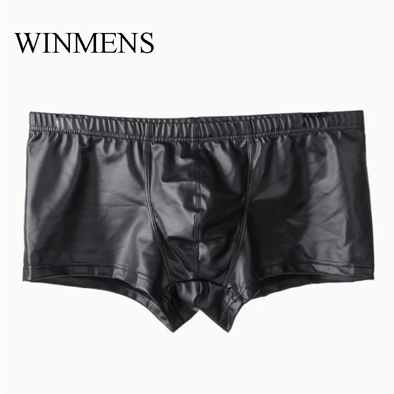 

Adult Man Sexy PU Leather Boxer Briefs Black Elastic U Convex Pouch Trunks Stage Performance Panties Erotic Funny Underwear