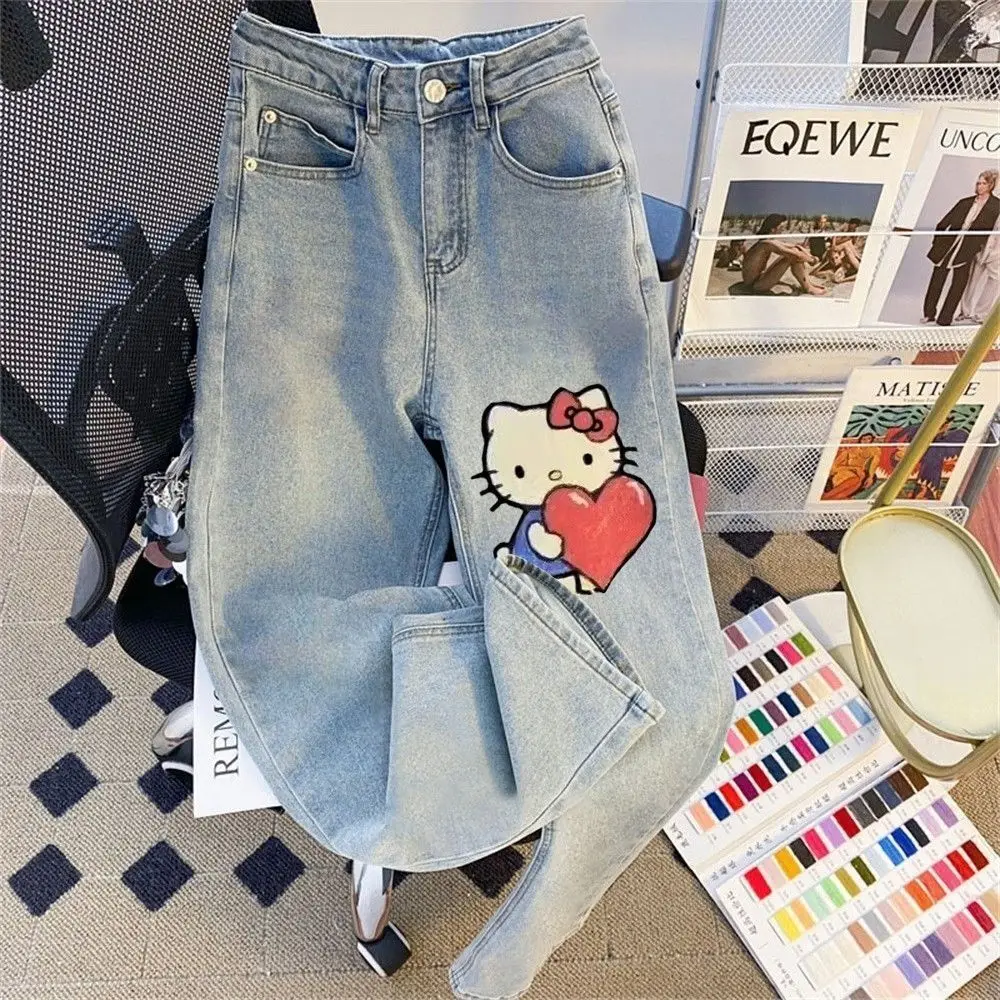 جينز هالو كيتي نسائي عالي الخصر باللون الأزرق الفاتح، دينم مغسول عتيق مع طباعة قلب قطة لطيفة، كاجوال فضفاض #2