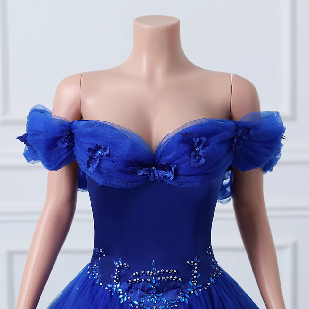 Luxury Crystal Beaded Evening Dresses Royal Blue Tulle Appliques Off Shoulder Formal Party Prom Ball Gowns Lace Up Custom Made