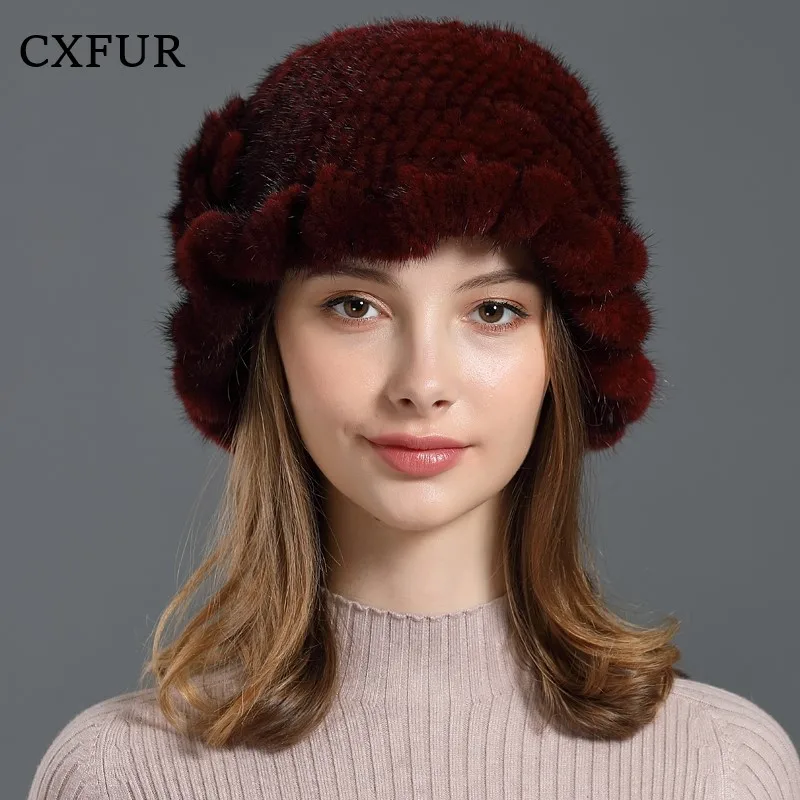 Women Furry Basics Ruffled Bucket Hats Knitted Real Mink Fur Hat CX-C-13D