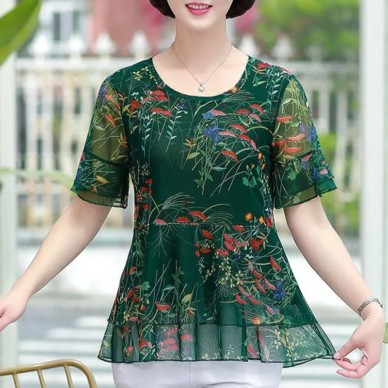 Summer Vintage Stylish Floral Printed Blouse Female Clothing Elegant Ruffles Spliced Short Sleeve Casual O-Neck Chiffon Shirt