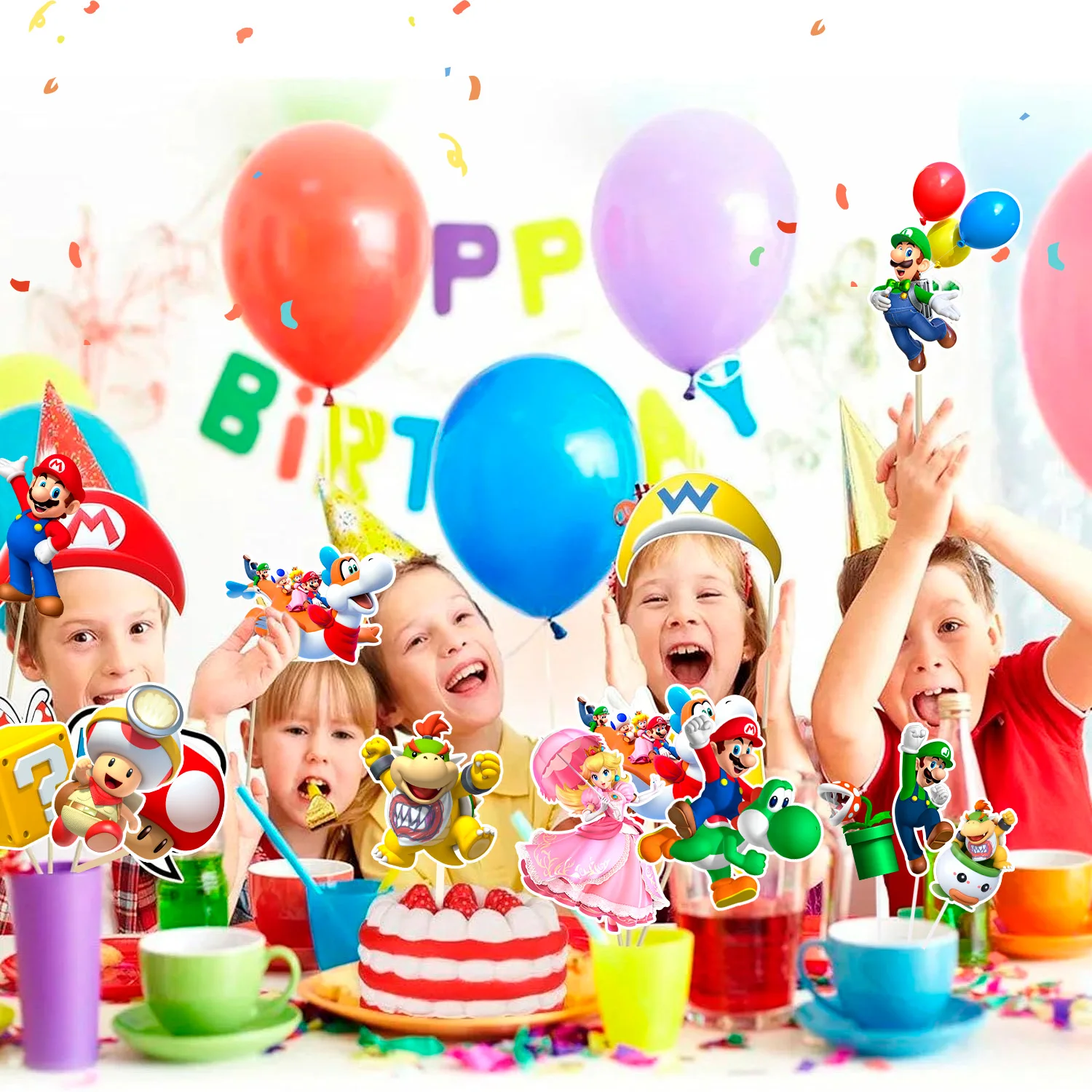 32 قطعة من زينة حفلات سوبر ماريو مع عصا كابينة تصوير لحفلات ماريو لمورد حفلات أعياد الميلاد سوبر ماريو