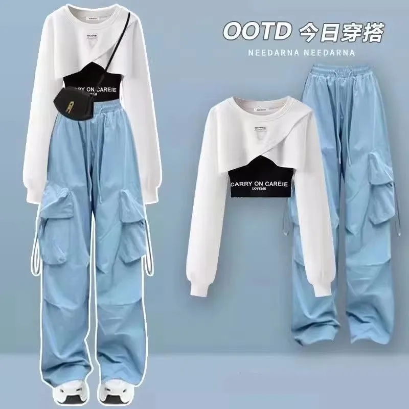 Girl Spring Autumn New Casual Tracksuit Matching Set Korean Loose Short Long Sleeve Hoodie+Letter Strap+Cargo Pants 3-Piece Suit