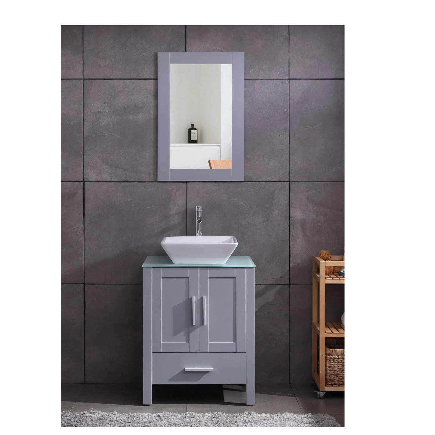 

24" Grey Bathroom Vanity Cabinet and Sink Combo Glass Top MDF Wood W/Sink Faucet &Drain Set