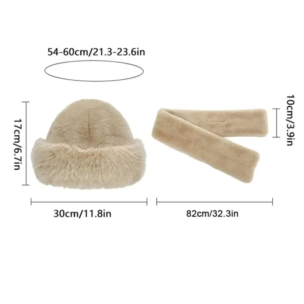 새로운 인조 모피 겨울 모자 스카프 세트 방풍 두꺼운 따뜻한 플러시 넥 워머 단색 귀 보호 여성용