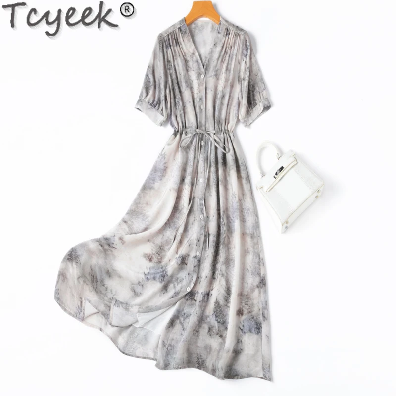 

Tcyeek 100% Mulberry Silk Dress Women Clothing Fashion Summer Dress 2024 Elegant Women's Dresses Lace-up Waist Vestido Feminino