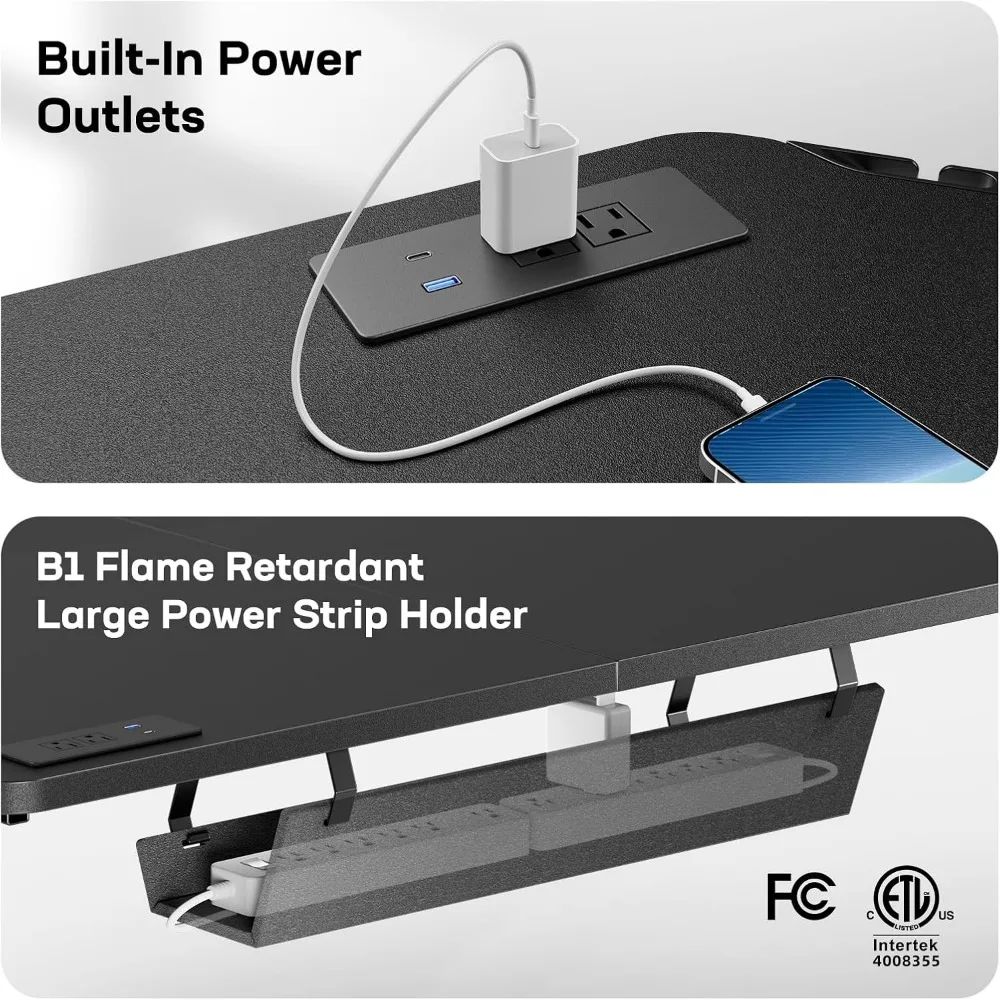 63″ Dual Motor L-Shaped Standing Desk, Built-in Power Outlets, Electric Height Adjustable Corner Computer Desk, Large Power Str