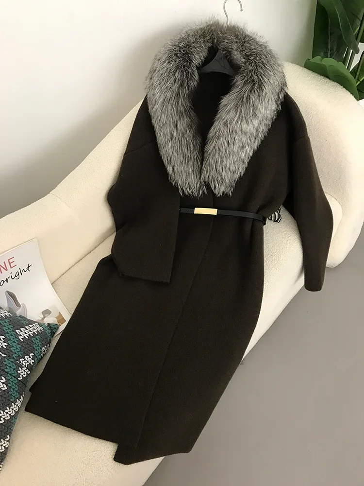 Frauen Natürliche Fuchs Pelz Kragen Gürtel Lange Lose Dicke Warme Oberbekleidung Pullover Stricken 2025, Echt Pelzmantel Winter Jacke