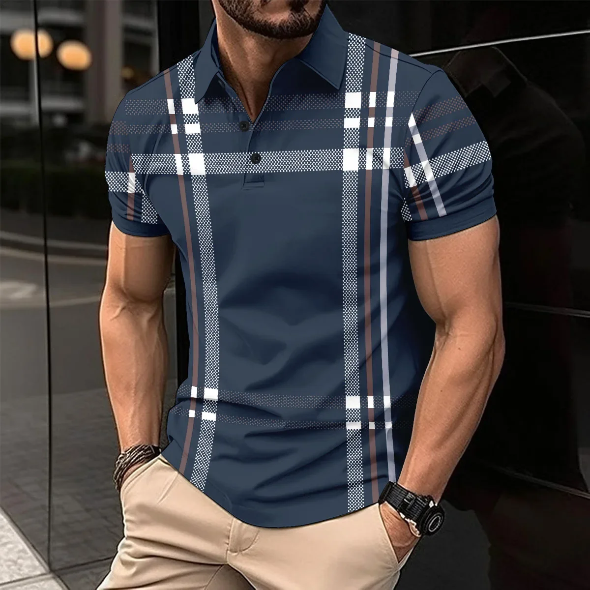 Camisa polo listrada de manga curta masculina, 3DPolo, top de lapela, roupa casual, respirável, tendência, negócios, escritório, verão, moda