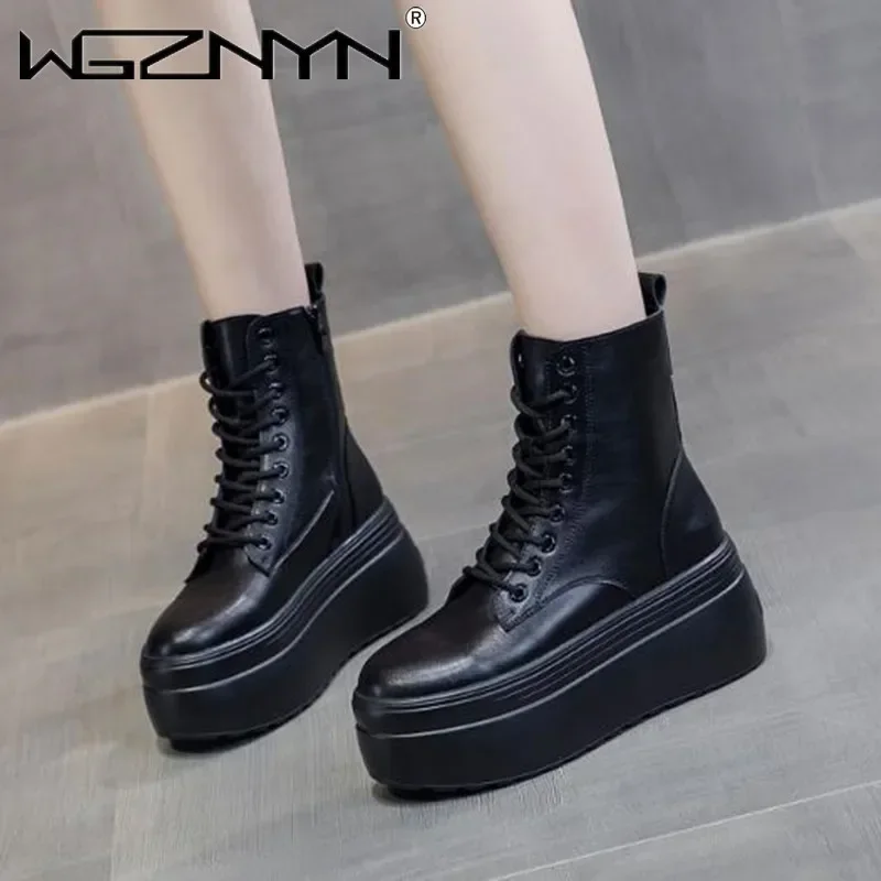 2025 Genuine Leather Ankle Boots Green Platform Sneakers for Women Thick Bottom Casual Women's Lace-up Combat Boots Chunky Shoes - view 3