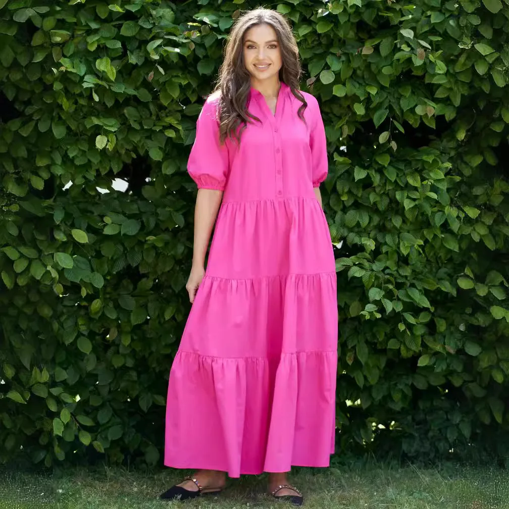 

Loose Casual Solid Color Dress Fashion V-neck Single Breasted Spliced ​​big Hem A-line Short Sleeved Dresses 2025 Spring New