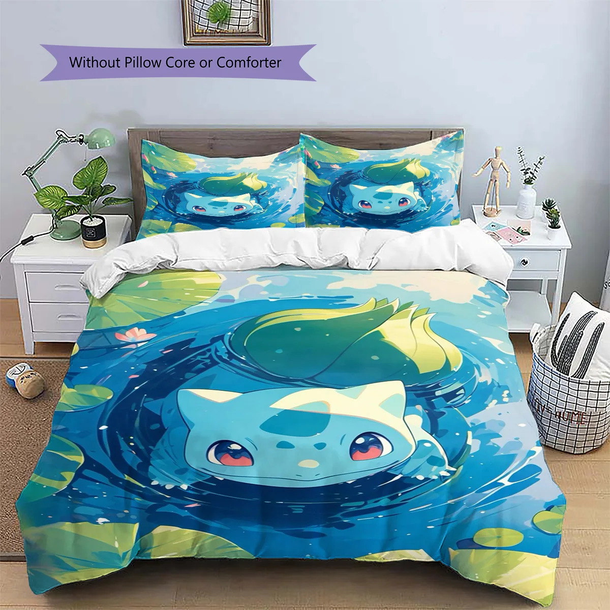 Bulbasaur Patterned Pillowcase & Duvet Cover Set Elegant Anime Bedding for Bedroom Interior Great Gift for Anime .-TING