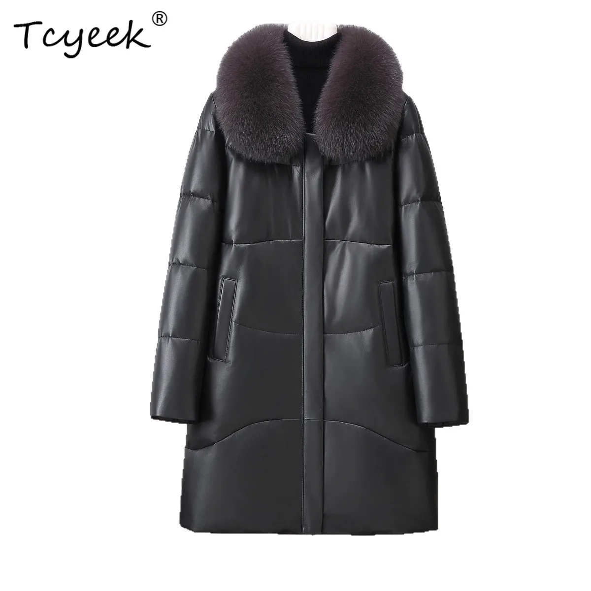 Tcyeek جلد طبيعي أسفل سترة النساء الملابس الشتوية منتصف طويلة معطف جلد الغنم الحقيقي امرأة الدافئة أوزة أسفل معاطف الثعلب الفراء طوق