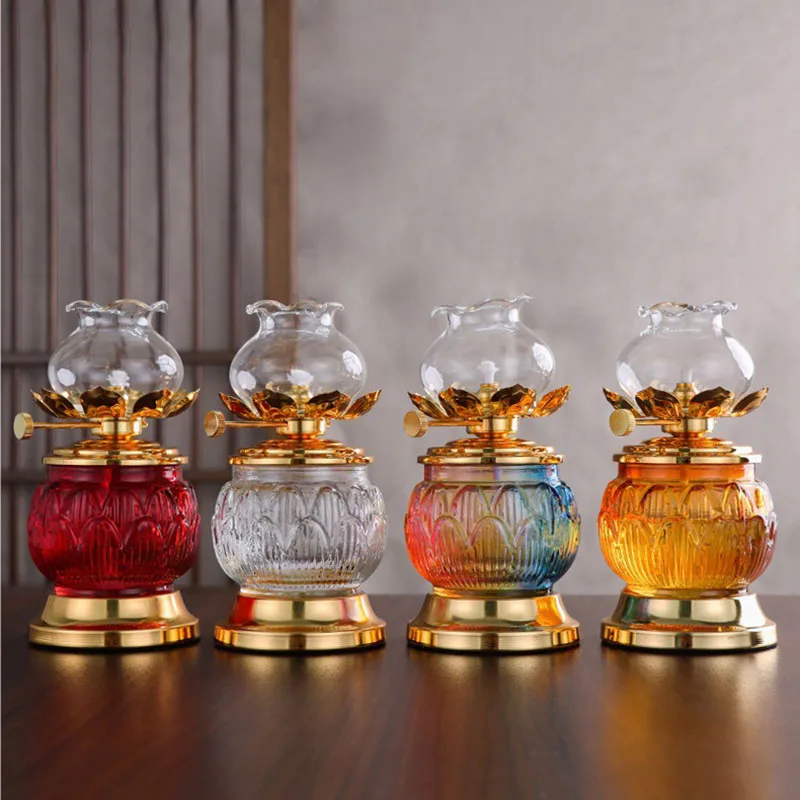 Glass Lotus Oil Lamp, Windproof Lamp Holder For Household Religious Altars For Buddha Worship