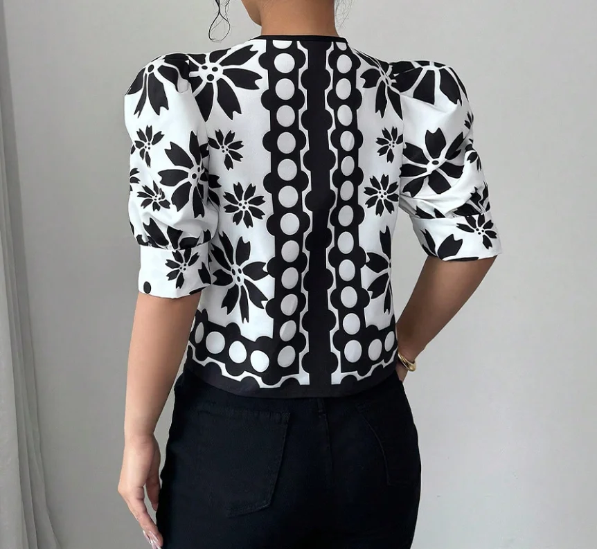 

Summer 2025 French Lantern Sleeve Cardigan Chiffon Shirt Elegant Geometric Print Lace Up Collar Slim Fit Women Chiffon Shirt Top