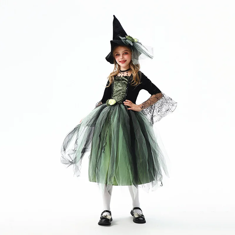 Girls Green Witch Cos Costume Kids Lace Mesh Tulle Dress with Pointed Witch Hat Halloween Carnival Fancy Dress Up Outfit XY46
