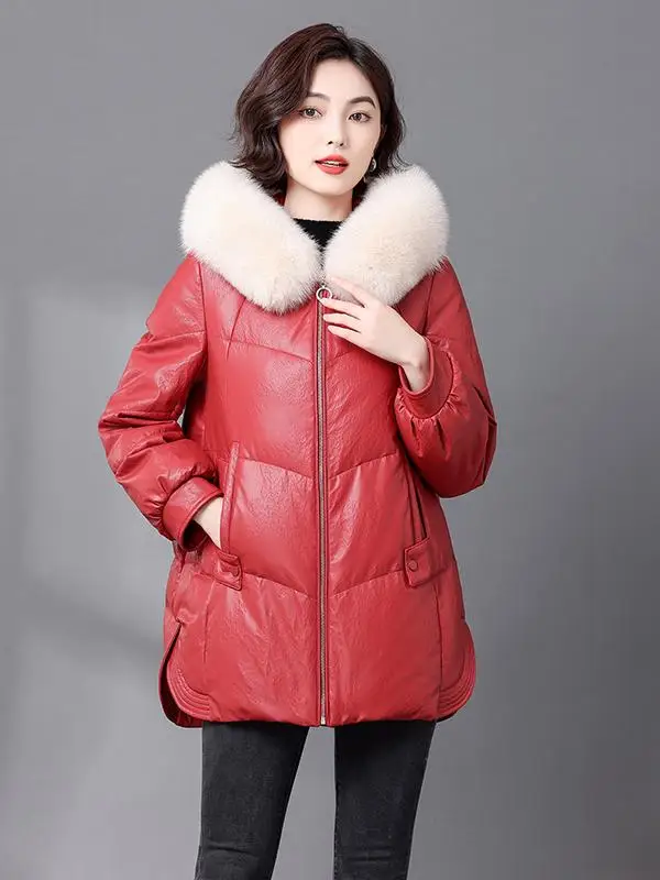 Haining Genuine Leather down Jaet Women's ort Sle Thiened Winter Coat eepskin  Fur Coat Zipper Closure Long Sve