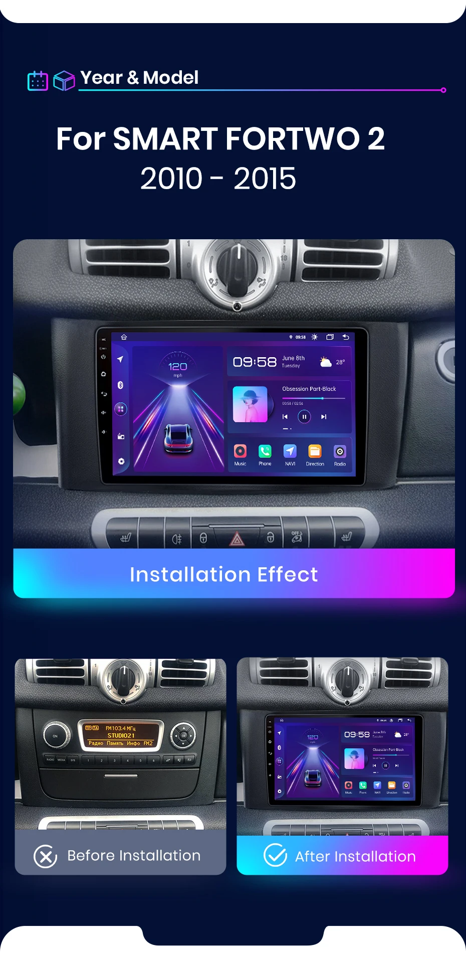 Junsun Drahtlose CarPlay für Apple Android 14 Auto Auto Radio für Smart Fortwo 451 2011 2012 2013 2014 2015 Multimedia Navi Stereo – Detail 3