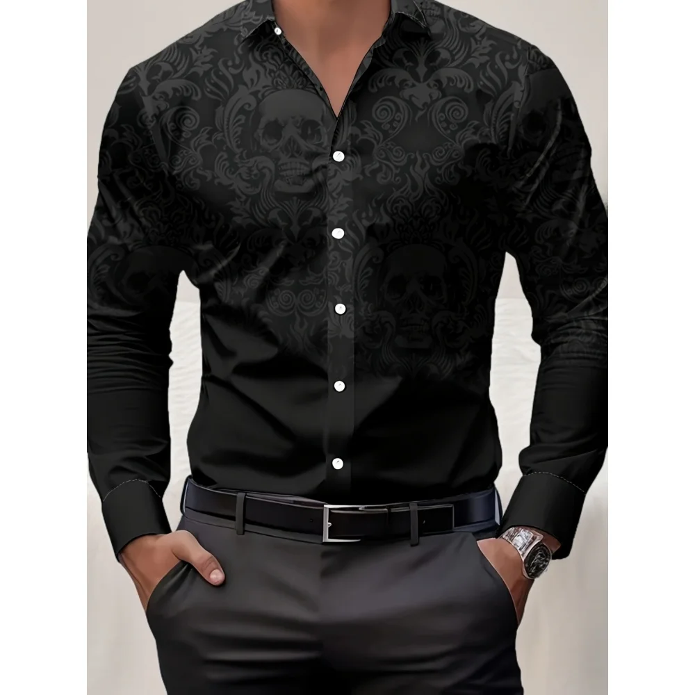 

Halloween Skull Party Black Personalized Casual Skull Pattern Printed Casual Daily Four Seasons Collar Long Sleeve Outdoor Shirt