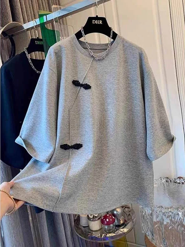 특대형 300포우 뉴 차이니즈 슬레 내셔널 트렌드 버튼 루즈 라운드 네 오트 스베 티셔츠 유니크 f 스베 썸머