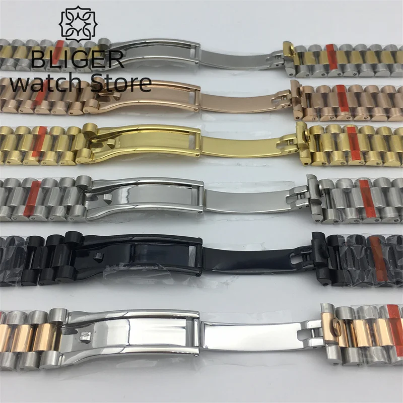 BLIGER 20mm Silver Black Rose Gold Gold bracelet 904L stainless steel with folding buckle fits 36/39/40mm case