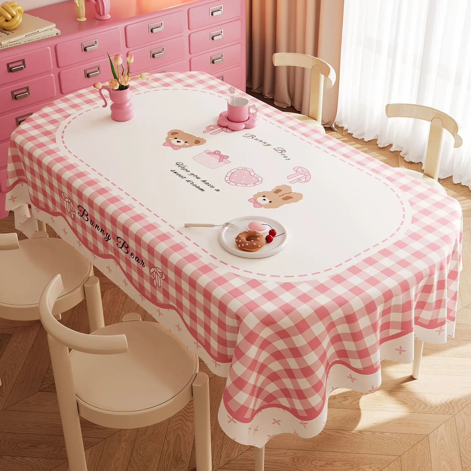 Cream Style Grid Dining Tablecloth Waterproof Oil Resistant PVC Oval Table Cover Table Cloth Protective Pad Coffee Table Cloth