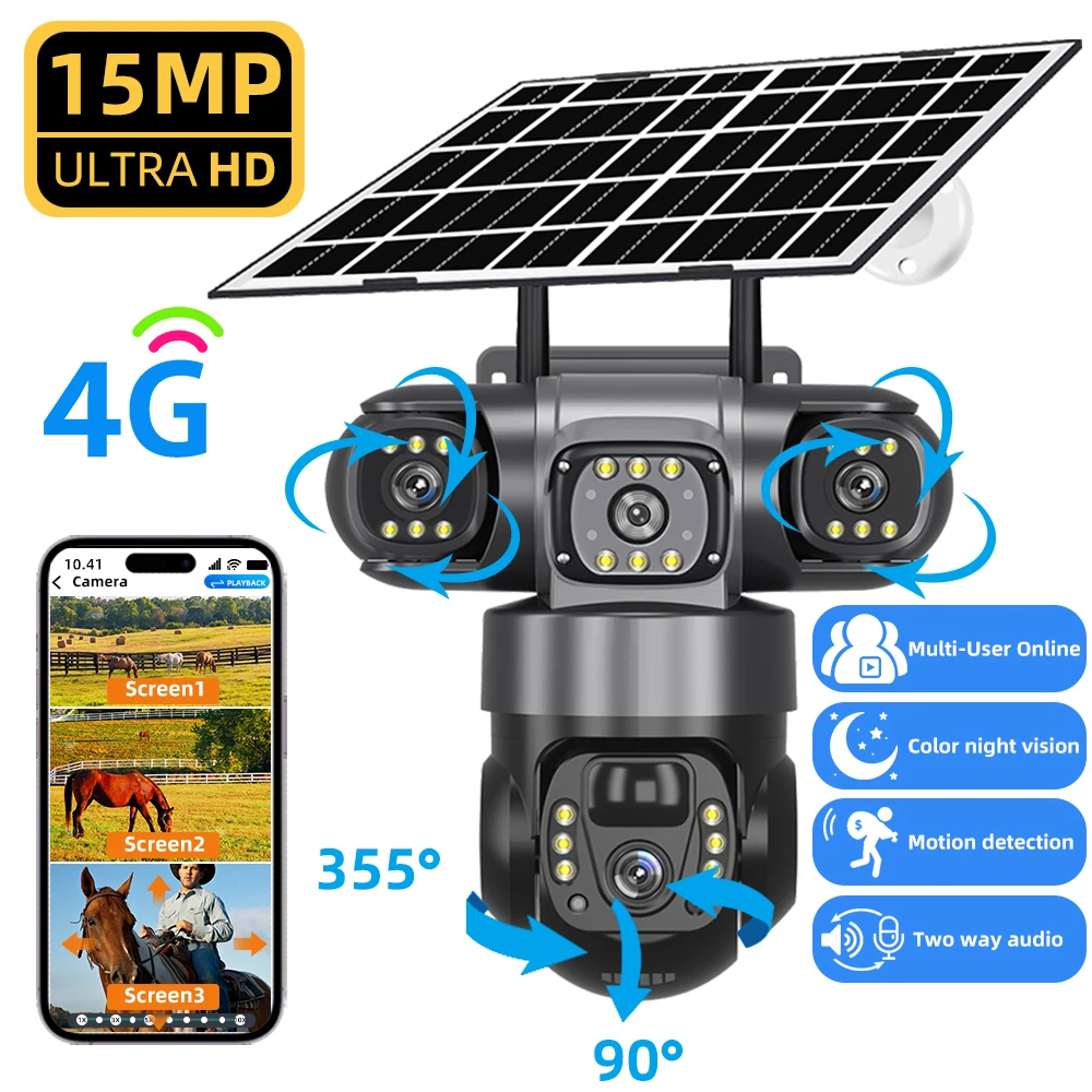 V380 Pro Solar Power Camera 4G Sim Card Triple Lens PIR Human Detection CCTV Surveillance Video Monitor Built in Battery