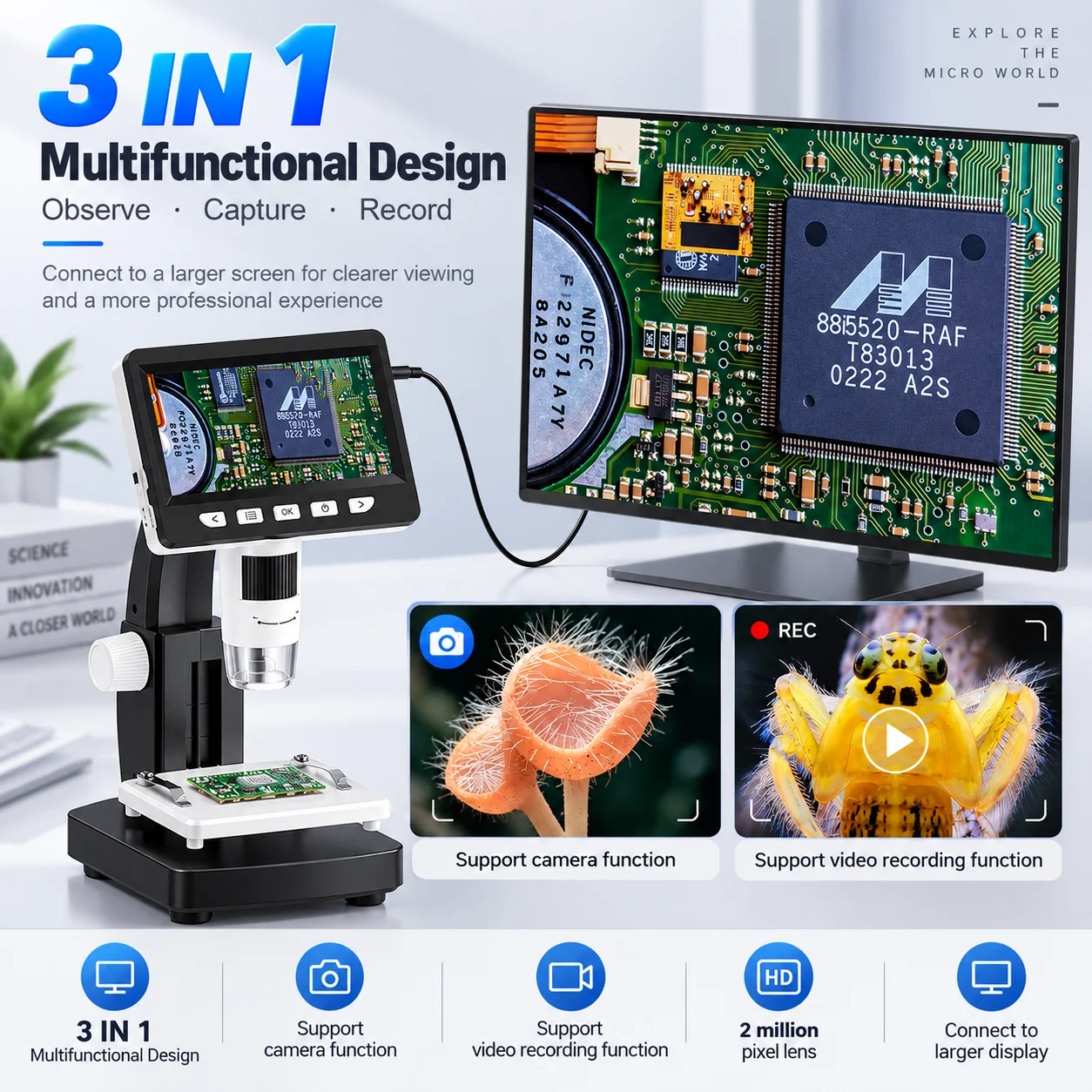 1000x Microscope Digital Coin Microscope with 8Leds Light 4.3'' IPS Microscope Take Photos/Videos for soldering for soldering