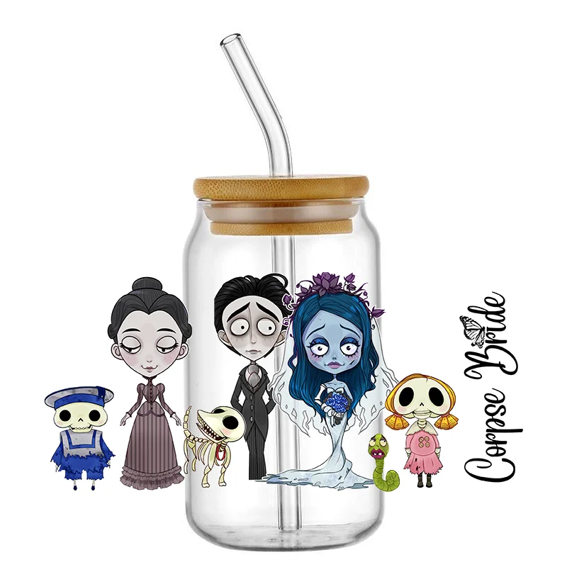 popular Corpse Bride Series design Transfer Stickers Waterproof UV DTF Cup Wraps Sticker DIY 3D Decal For 16oz Libbey cup