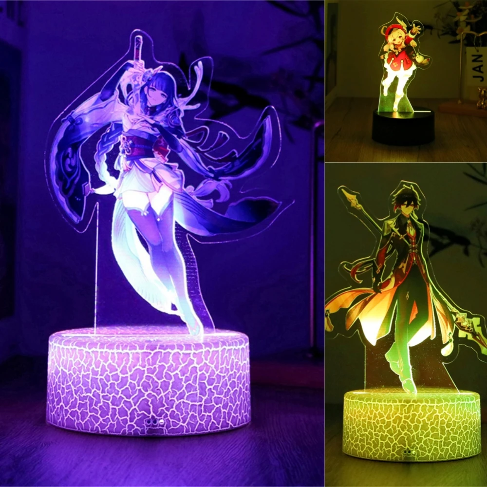 Genshin Impact 3D Lamp LED Night Light Anime Figures Zhongli Raiden Shogun Remote RGB Dream Colors Kids Bedroom Home Decor Gifts