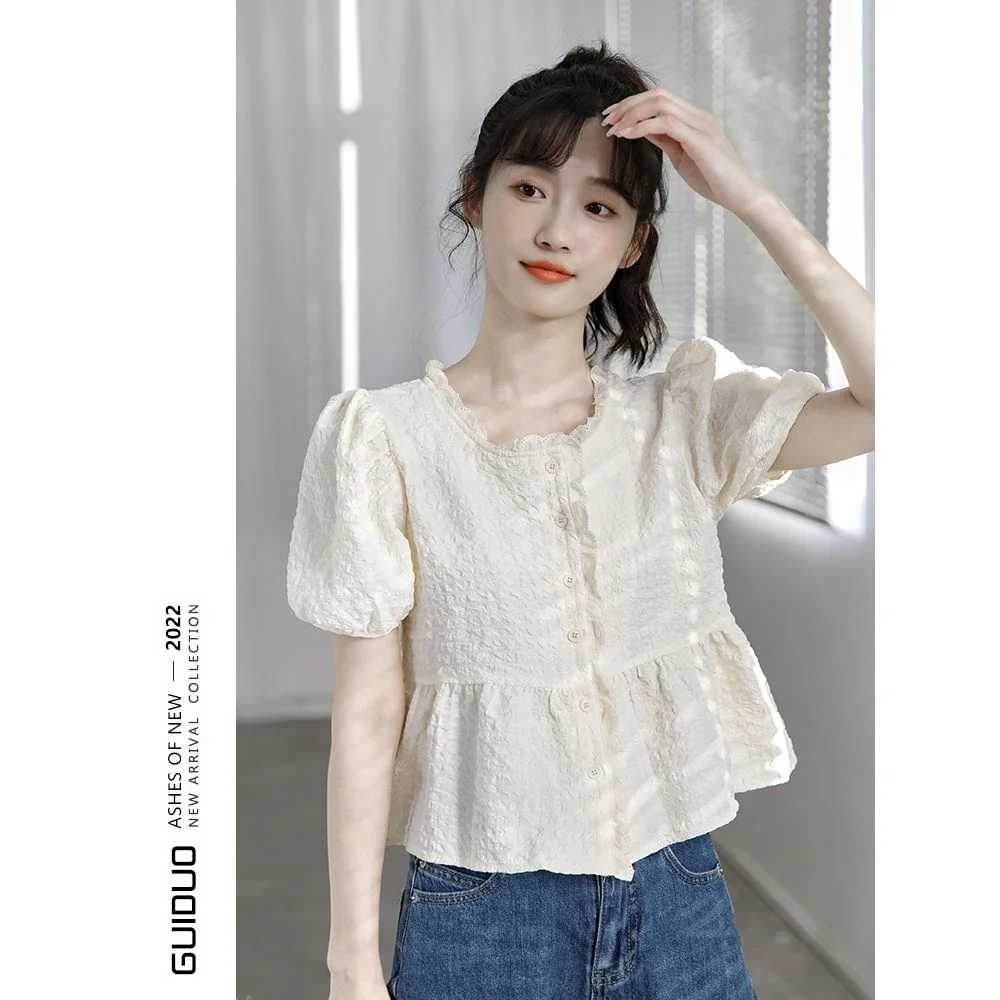 Bubble Solid Color Summer 2023 New Sleeve Design Small Short Top Shirt Blusas Clothes for Women Shirts Blouse