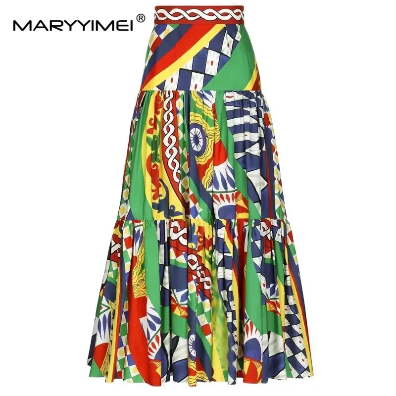 MARYYIMEI Summer Fashion Designer Vintage Pattern Printed Skirt Women's Ruffles High Waist Holiday Party Cotton Slim Long Skirt