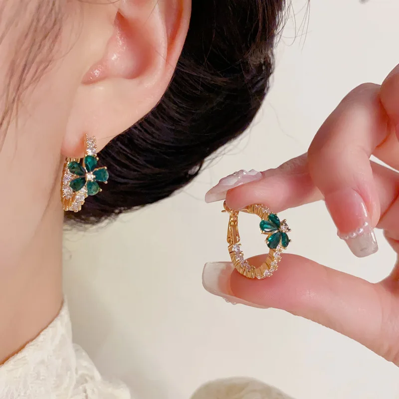 Fashion retro full diamond green petal earrings personalized light luxury versatile super flash earrings