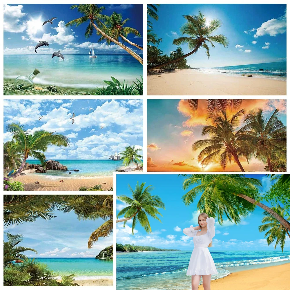 

MOON.QG синий океан пляж фон тропический летний фон для фотосъемки закат приморская пальма волна песок фотобудка фотозона