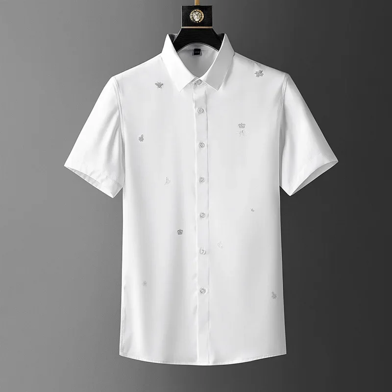 Luxury Crown Rhinestone Men Shirts Summer Short Sleeve Slim Fit Casual Shirt Business Social Party Dress Shirts Men Clothing